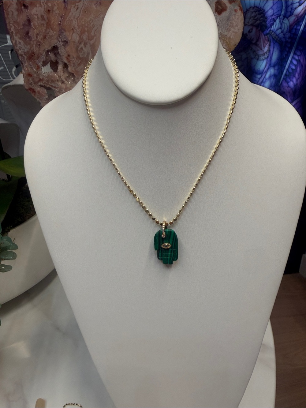 Gold Chain Necklace with Green Hamsa Pendant